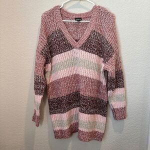 Torrid Pink & Grey Stripe V-Neck Knit Cozy Comfy Sweater - Size 1X - EUC